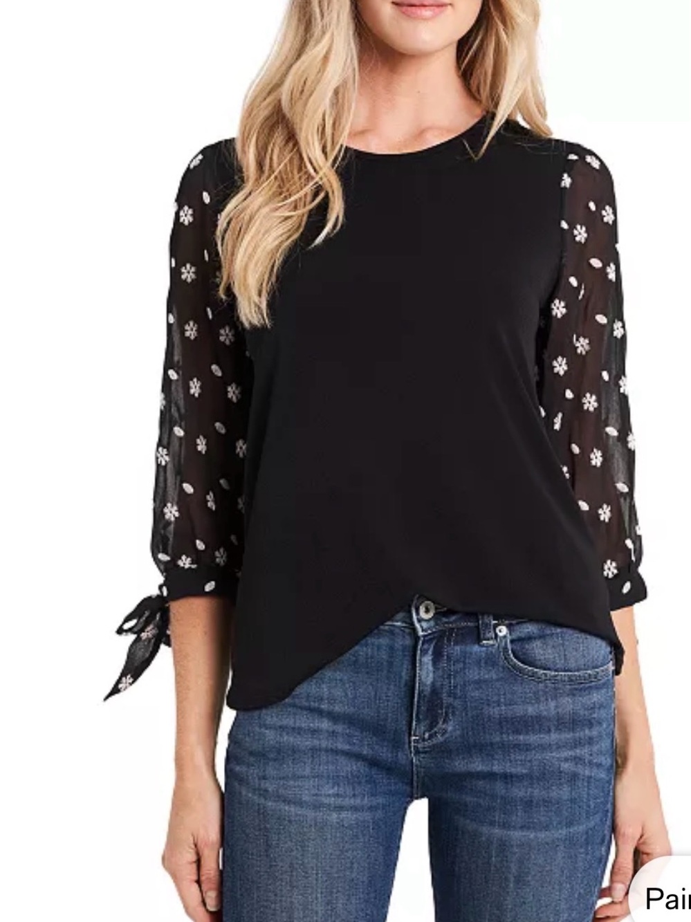 73. CeCe Black Blouse with Sheer Embroidered Sleeves